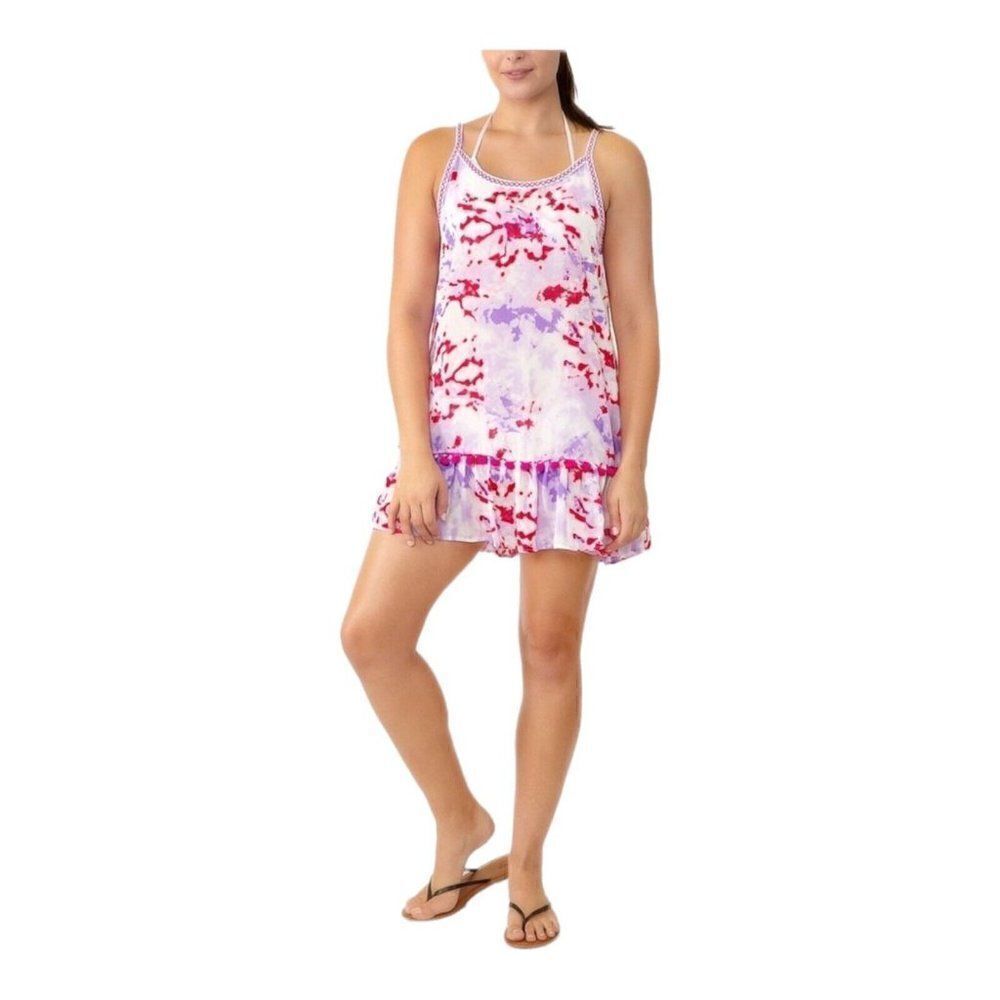 Miken Purple Tie-Dye Juniors Printed Tiered Pom-Pom Swim Cover-up Large NWT